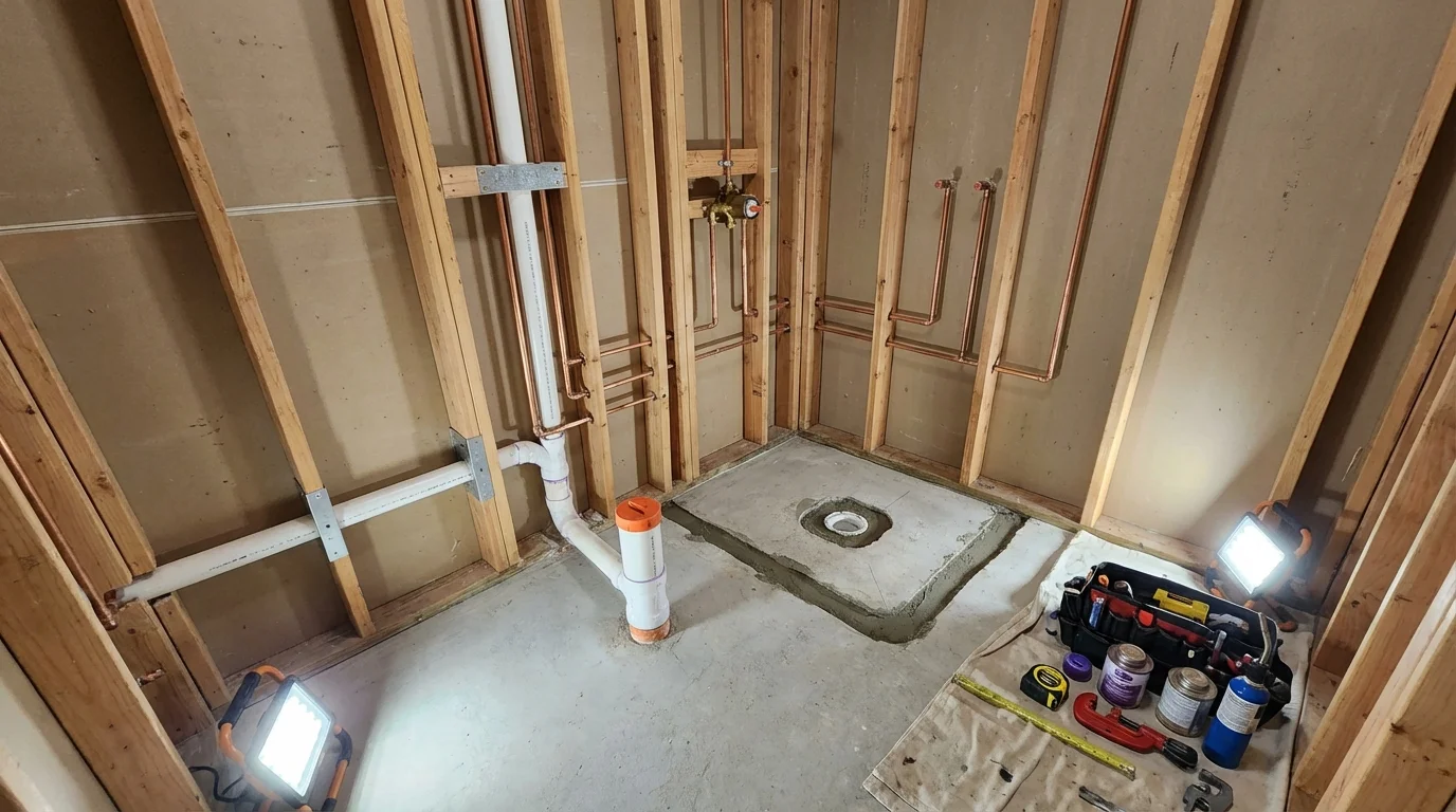 Bathroom rough-in plumbing during remodel by Johns Plumbing LLC in Buchanan