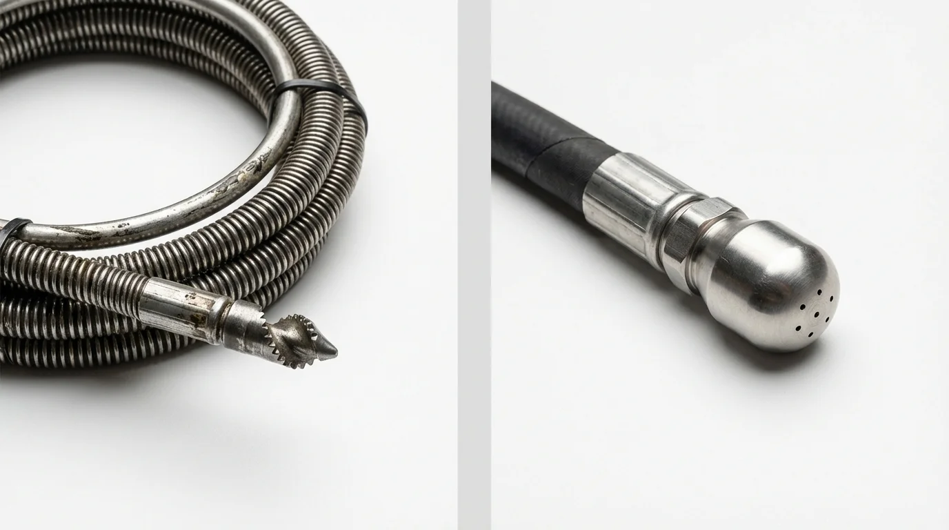 Drain snake cable and hydro jetting nozzle used for drain cleaning in Buchanan, NY