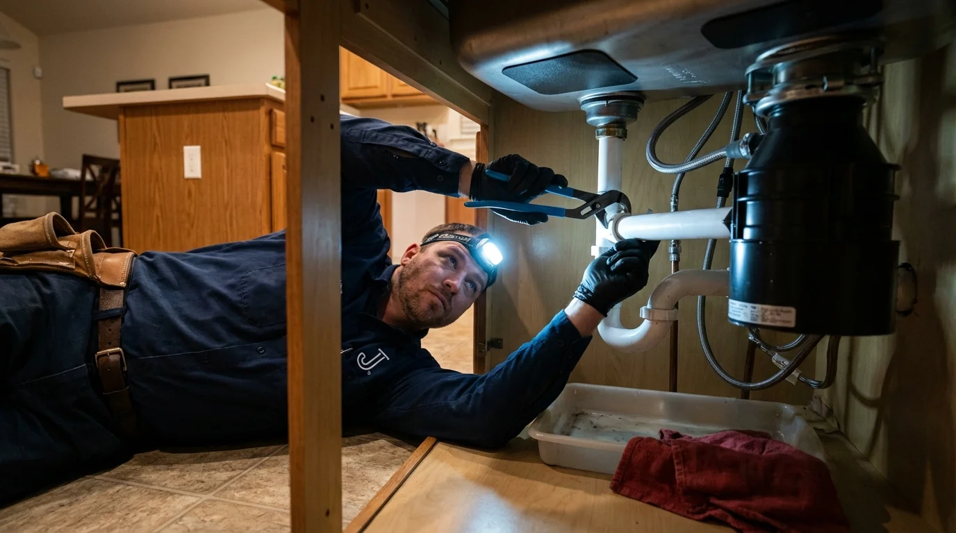 P-trap and supply line connections under a kitchen sink showing a common leak point in Buchanan, NY